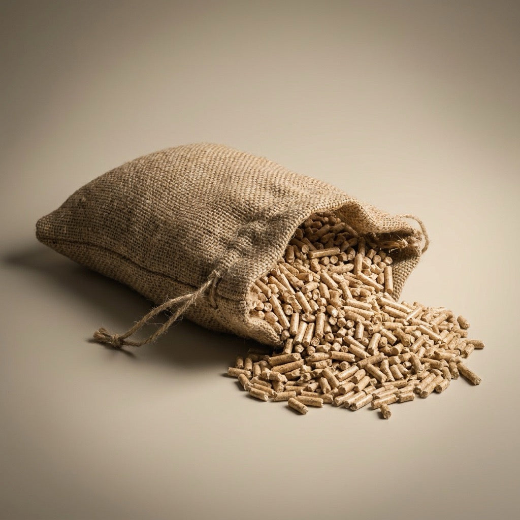 Jutesack mit Holzpellets, daneben ausgeschüttete Pellets