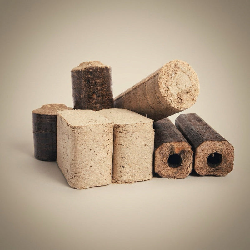 Holzbriketts aus Eiche in verschiedenen Formen - rund, eckig und mit Loch
