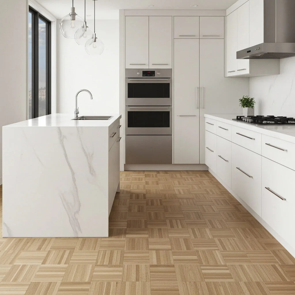 Lichte keuken met kookeiland en Mozaïekparket Eiken Gestreept op de vloer