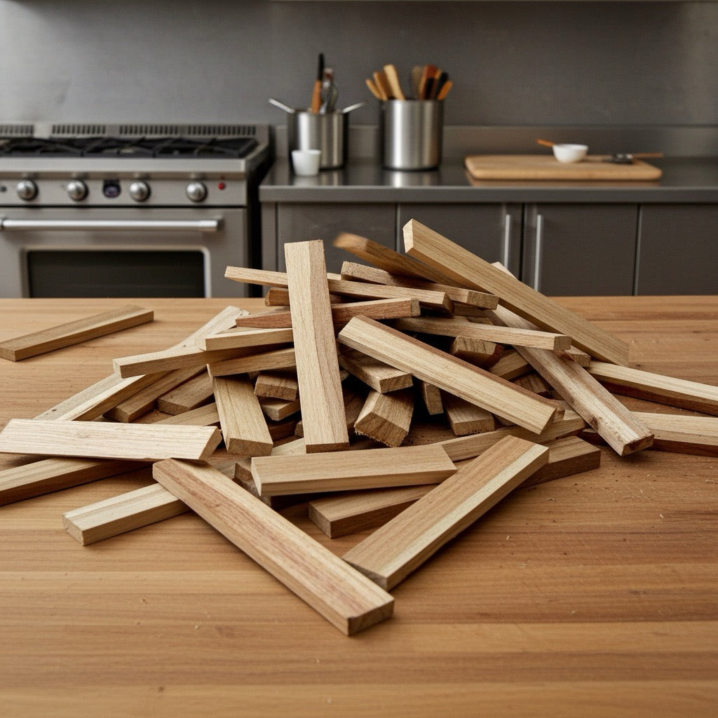 Bastel-Holzleisten aus Eiche als Haufen auf einer Arbeitsplatte in der Küche