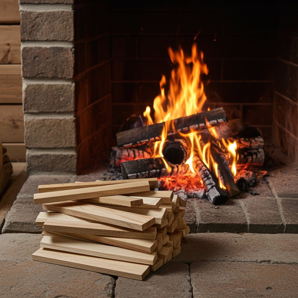 Anfeuerholz Eiche Premium vor dem brennenden Kamin aufgeschichtet