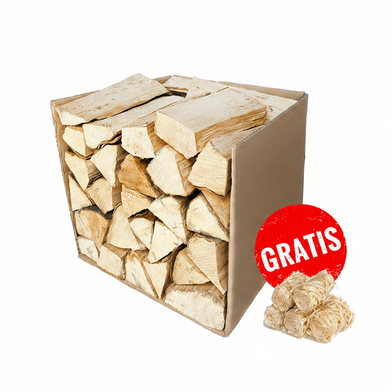 Karton mit 30 kg Kaminholz Premium Buche 25 cm und gratis Anzündwolle