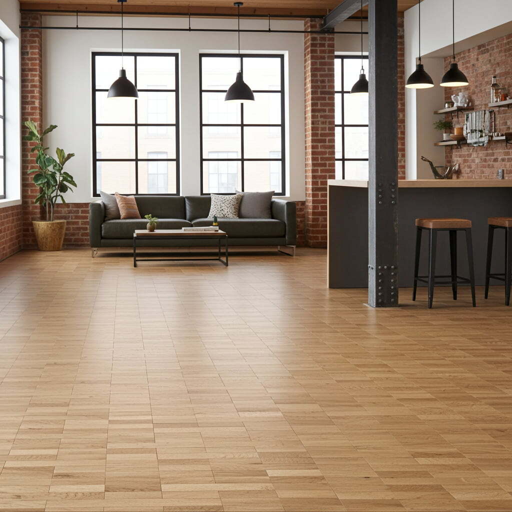 Loft-Wohnraum mit Mosaikparkett Eiche Rustikal am Boden