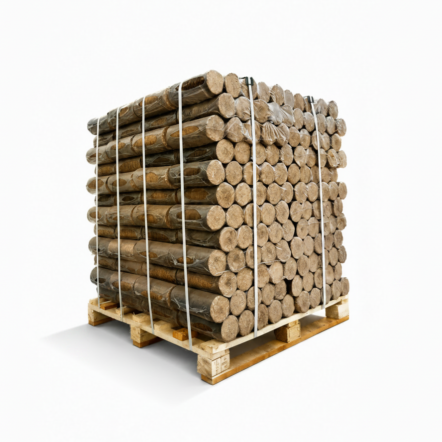 Nestro Holzbriketts aus Eiche - komplette Palette 960 kg, gestapelte Rundbriketts auf Einwegpalette