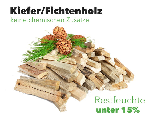 Anfeuerholz aus Kiefer- und Fichtenholz, Restfeuchte unter 15 %, ohne chemische Zusätze